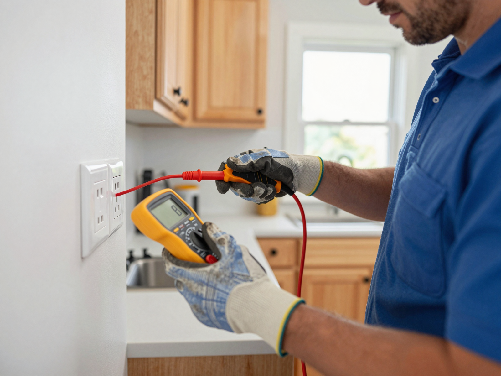 Professional electrician installing electrical outlet in residential kitchen